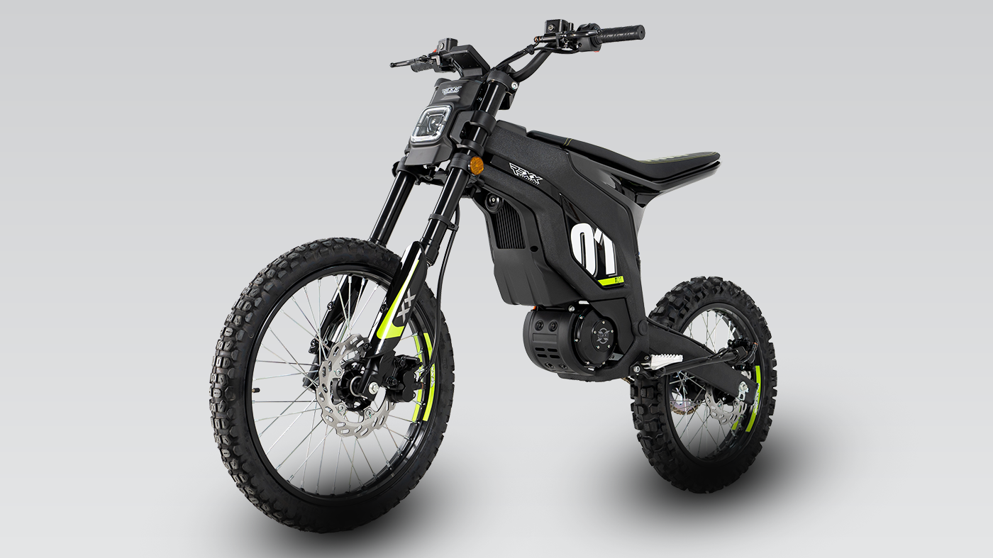Black electric bike with visible branding on a gray background